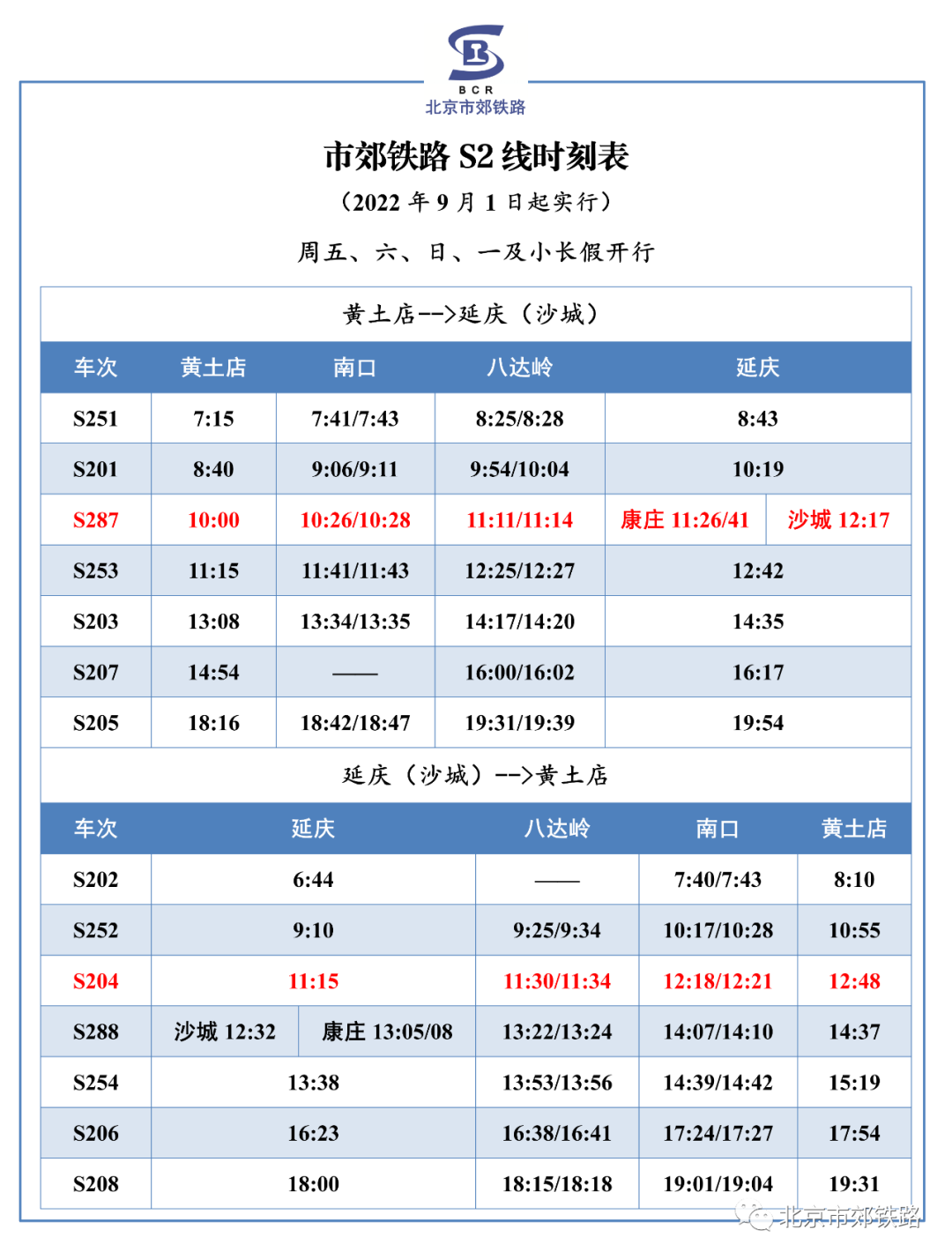 北京市郊铁路S2线调整及最新时刻表 具体调整及最新时刻表